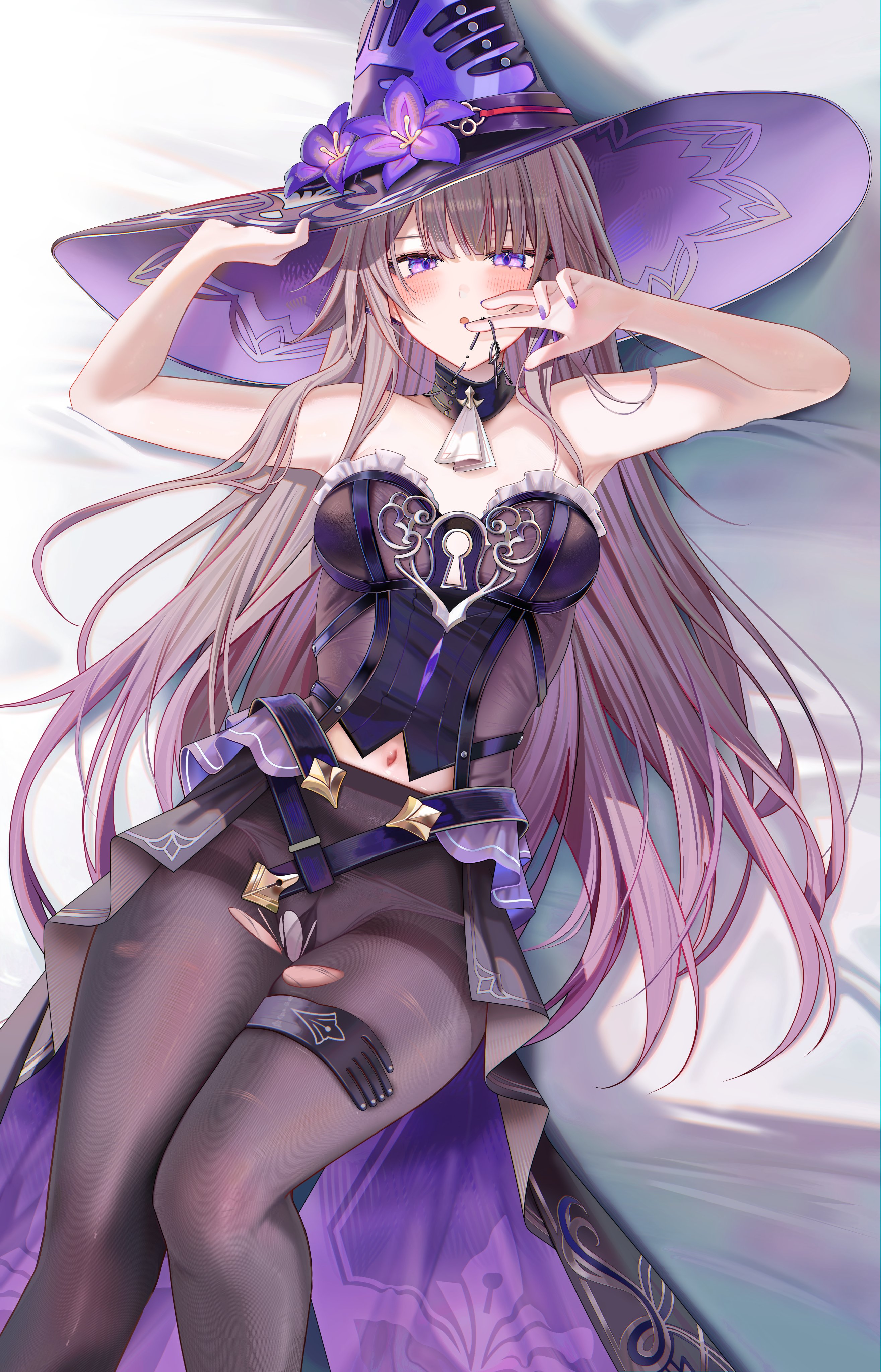 ru zhai, herta (honkai: star rail), the herta (honkai: star rail), honkai: star rail, honkai (series), absurdres, commentary, highres, paid reward available, symbol-only commentary, 1girl, :o, bare shoulders, black dress, black pantyhose, blush, breasts, dress, feet out of frame, flower, from above, hair spread out, hand up, hat, hat flower, high-low dress, jewelry, key, key necklace, long hair, looking at viewer, lying, medium breasts, midriff, nail polish, navel, necklace, on back, on bed, panties, panties under pantyhose, pantyhose, parted lips, purple eyes, purple flower, purple nails, showgirl skirt, solo, strapless, strapless dress, torn clothes, torn pantyhose, underwear, very long hair, white panties, witch hat