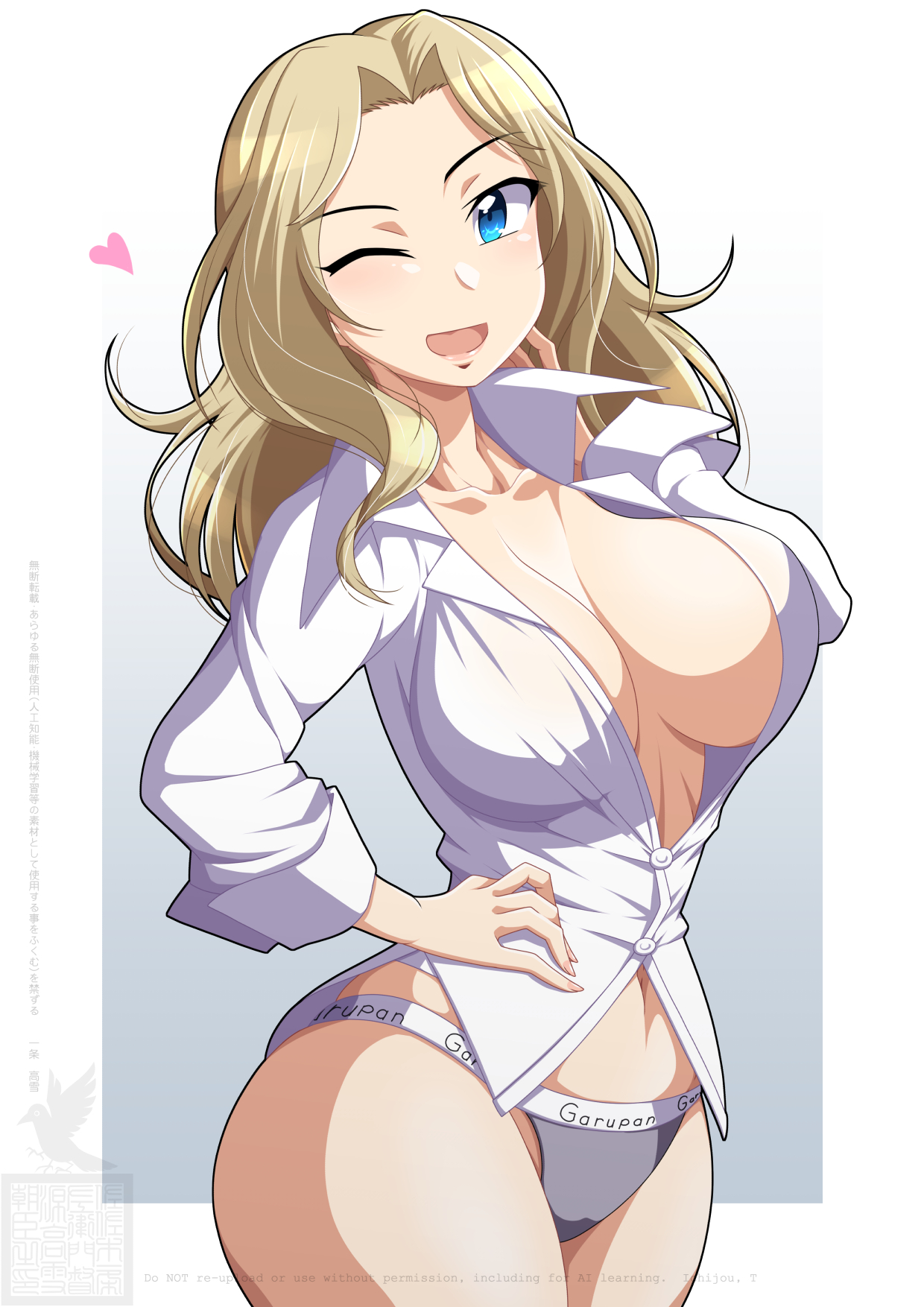 ichijou takakiyo, kay (girls und panzer), girls und panzer, highres, 1girl, ;d, blonde hair, blue eyes, breasts, grey panties, hair intakes, hand on own hip, heart, large breasts, one eye closed, open mouth, panties, partially unbuttoned, shirt, smile, solo, underwear, white shirt
