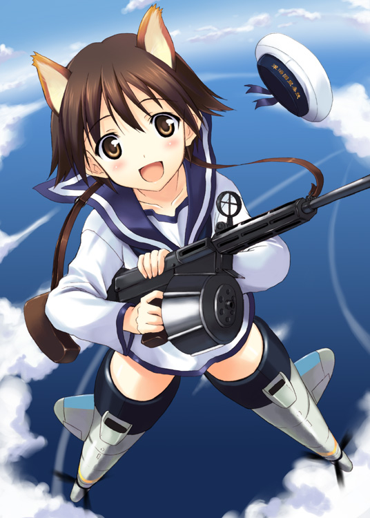 kyogoku shin, miyafuji yoshika, strike witches, world witches series, bad id, bad pixiv id, 00s, 1girl, animal ears, brown eyes, brown hair, female focus, flying, hat, short hair, solo