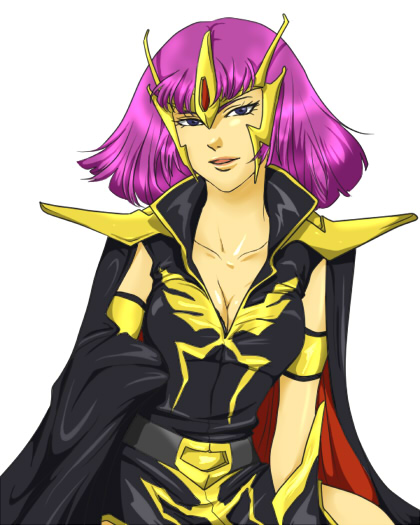 mazekoze-kinako, haman karn, gundam, gundam zz, 1girl, breasts, cape, cleavage, female focus, medium breasts, pink hair, purple eyes, short hair, solo