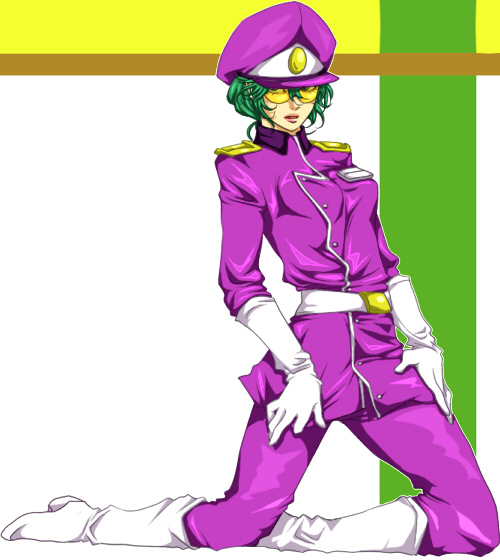 mazekoze-kinako, aphrodia, uchuu senshi baldios, 1980s (style), 1girl, belt, boots, female focus, gloves, green hair, hat, high heel boots, high heels, kneeling, lipstick, makeup, military, military uniform, oldschool, peaked cap, retro artstyle, solo, sunglasses