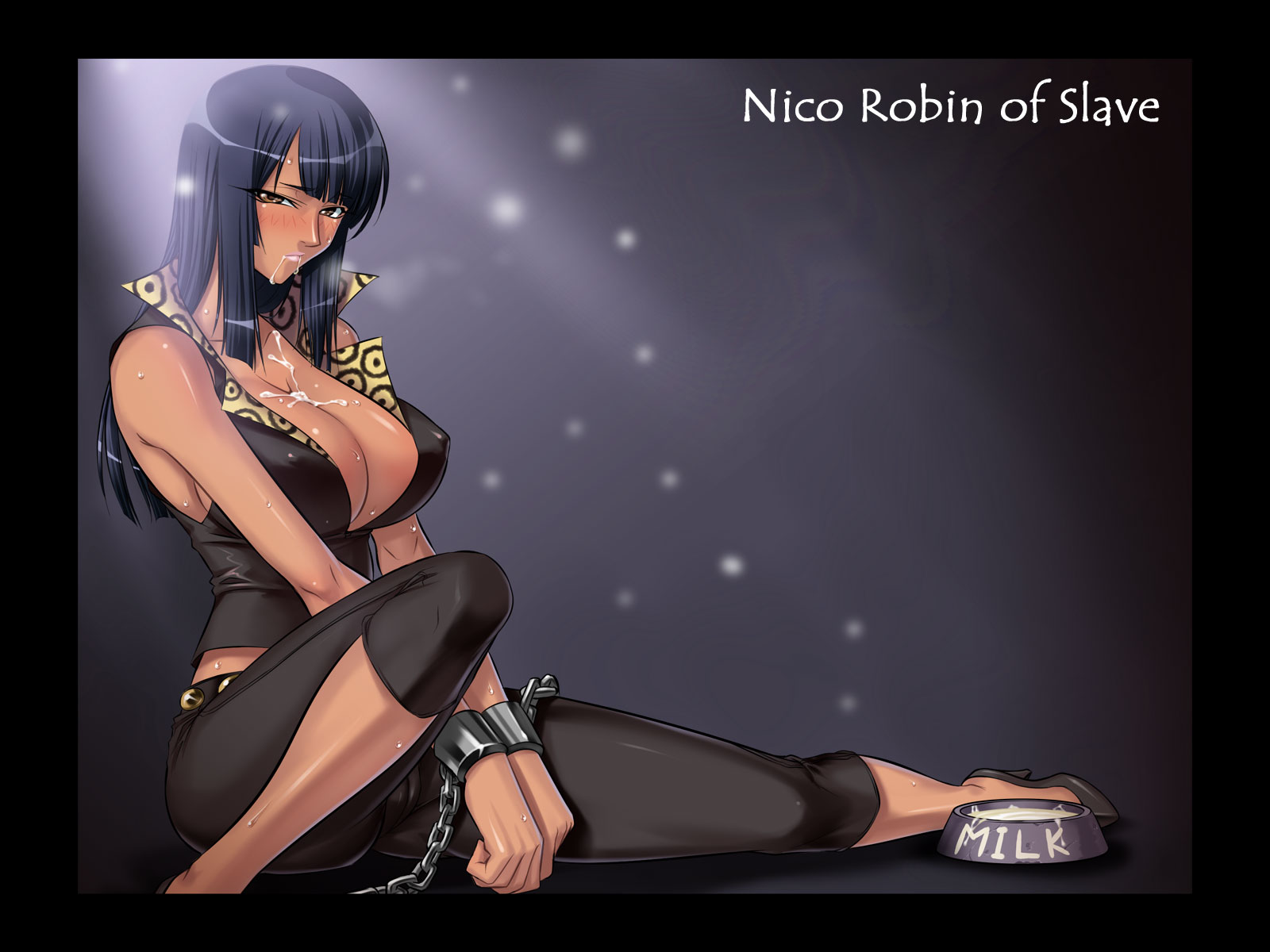 kagami hirotaka, nico robin, nico robin (sabaody), one piece, highres, 1girl, black hair, blunt bangs, breasts, brown eyes, chain, character name, cuffs, cum, cum in mouth, cum on body, cum on breasts, cum on upper body, dark-skinned female, dark skin, female focus, high heels, huge breasts, long hair, milk, shoes, slave, solo, sweat