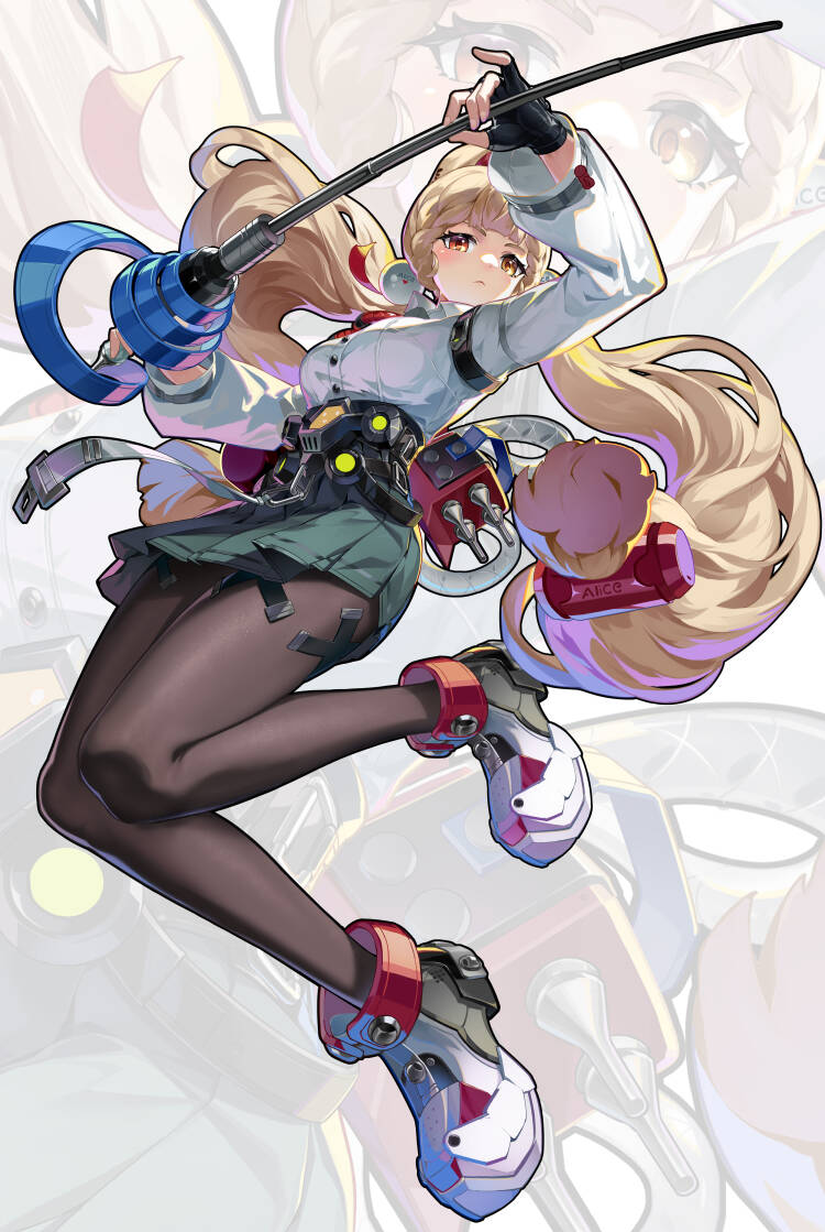 qian fan kui, alice thymefield, zenless zone zero, 1girl, animal ears, belt, black gloves, black pantyhose, blonde hair, character background, chest bow, closed mouth, falling, fingerless gloves, gloves, green skirt, hair ornament, heterochromia, holding, holding sword, holding weapon, long hair, pantyhose, rabbit ears, rabbit girl, red eyes, shirt, shoes, skirt, solo, sphere hair ornament, sword, twintails, weapon, white background, white shirt, white shoes, yellow eyes