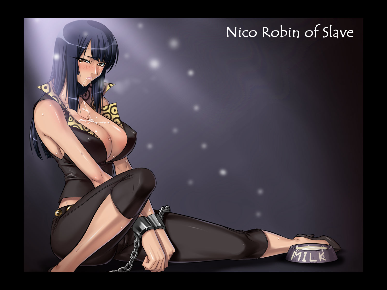 kagami hirotaka, nico robin, nico robin (sabaody), one piece, highres, 1girl, bare shoulders, bdsm, black hair, blunt bangs, blush, bondage, bound, bowl, breasts, brown eyes, cameltoe, chain, character name, cleavage, covered erect nipples, cuffs, cum, cum in mouth, cum on body, cum on breasts, cum on upper body, denim, female focus, handcuffs, high heels, jeans, large breasts, legs, long hair, looking at viewer, milk, pants, pet bowl, shoes, sitting, slave, sleeveless, solo, sweat
