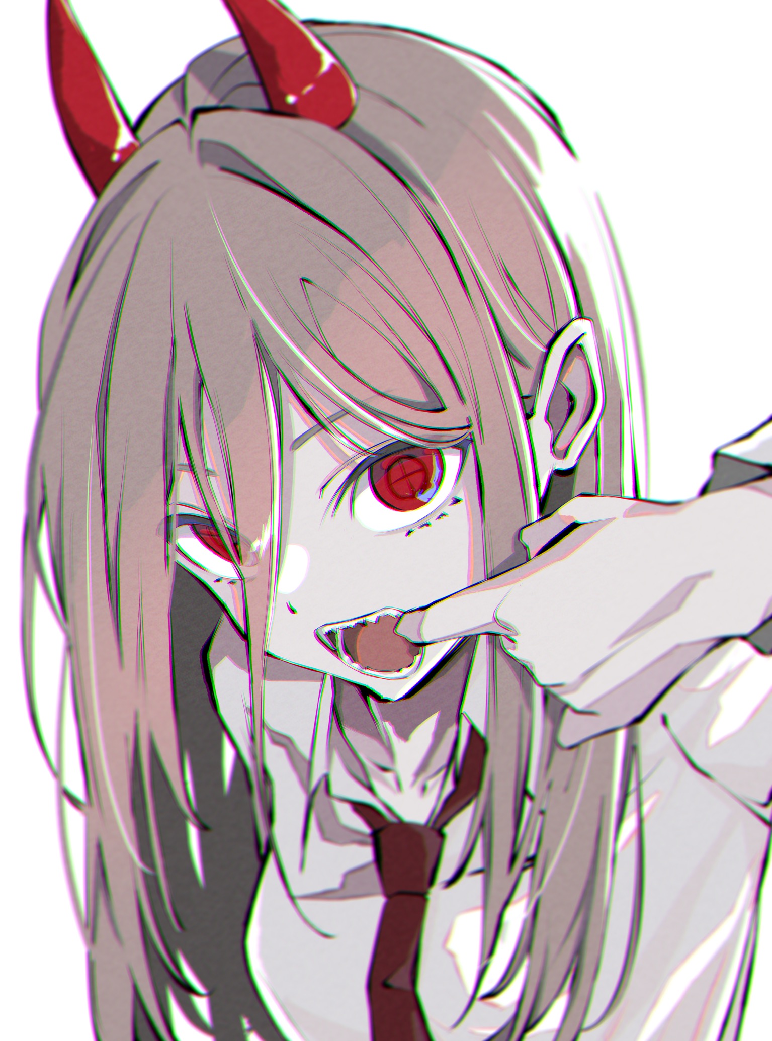 natsume hinako, power (chainsaw man), chainsaw man, commentary, highres, 1girl, :o, blonde hair, collarbone, cross-shaped pupils, demon horns, finger in own mouth, horns, long hair, looking at viewer, necktie, open collar, red eyes, red necktie, sharp teeth, shirt, simple background, solo, straight hair, symbol-shaped pupils, teeth, upper body, white background, white shirt