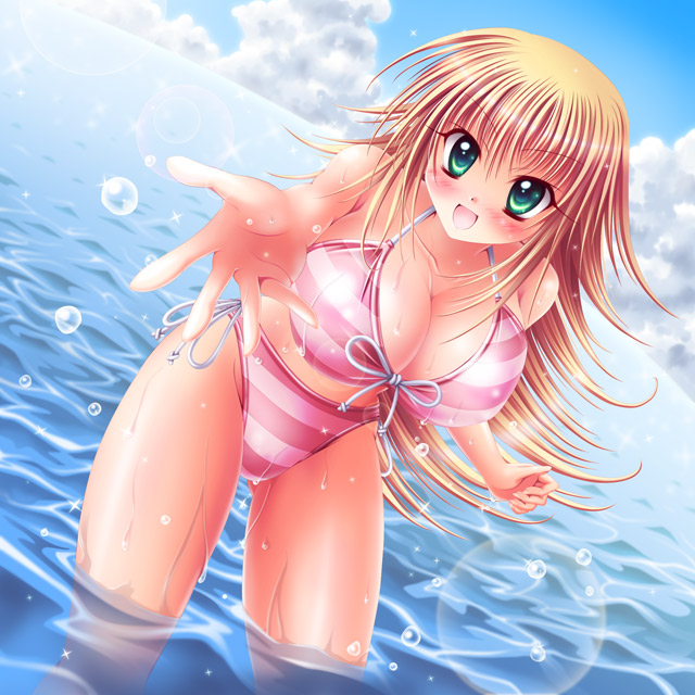 kogarashi, kogarashi (wind of winter), dark magician girl, yu-gi-oh!, yu-gi-oh! duel monsters, 1girl, :d, alternate costume, bare shoulders, beach, bikini, blonde hair, breasts, day, duel monster, dutch angle, female focus, green eyes, large breasts, lens flare, long hair, open mouth, outdoors, outstretched arm, pink bikini, side-tie bikini bottom, smile, solo, splashing, striped bikini, striped clothes, swimsuit, wading, water, wet