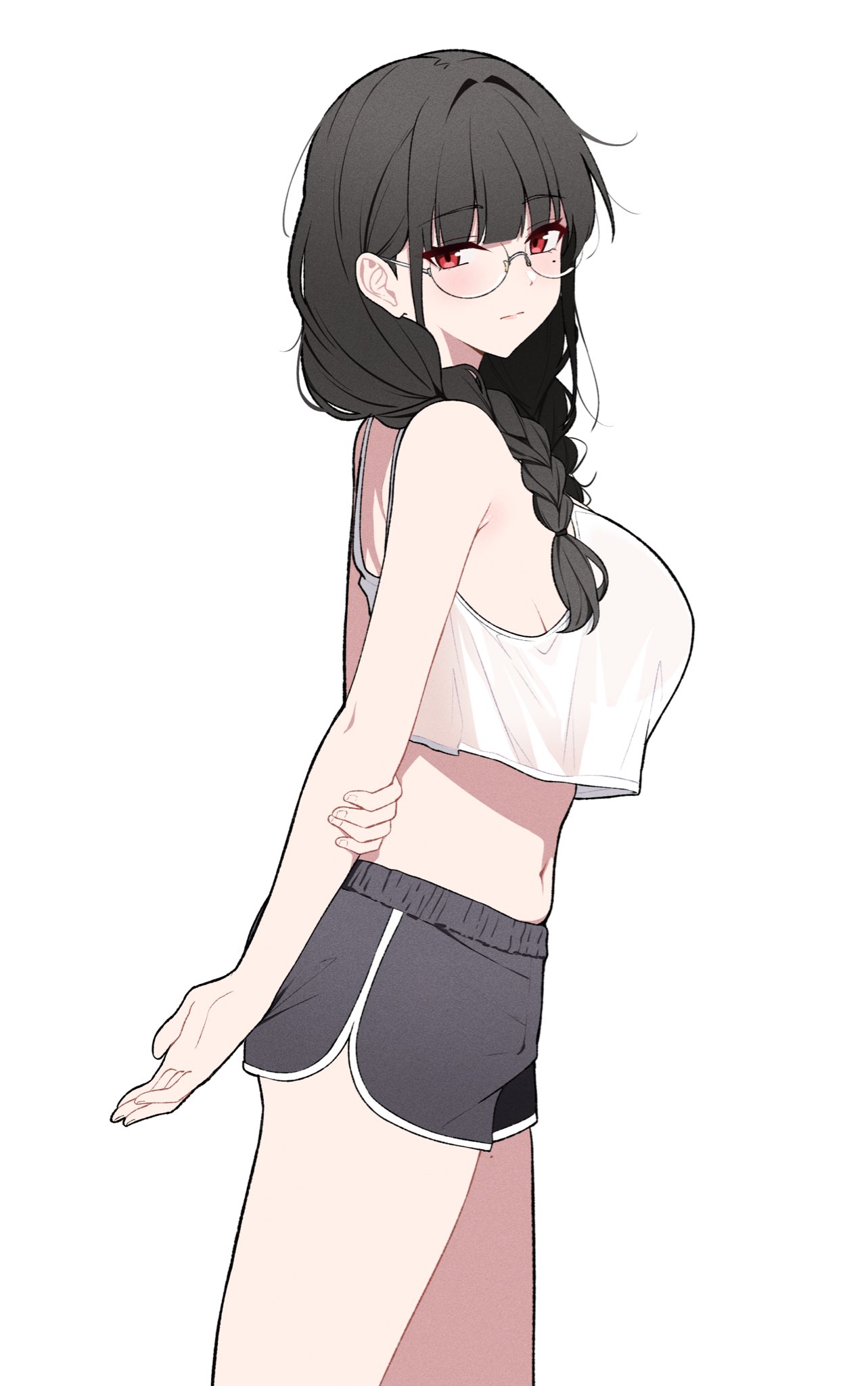 reia 76, original, highres, 1girl, arms behind back, aulia (reia 76), black hair, black shorts, braid, breasts, cowboy shot, crop top, crop top overhang, dolphin shorts, from side, glasses, large breasts, long hair, looking at viewer, mole, mole under eye, red eyes, round eyewear, short shorts, shorts, simple background, solo, tank top, thighs, twin braids, white background, white tank top