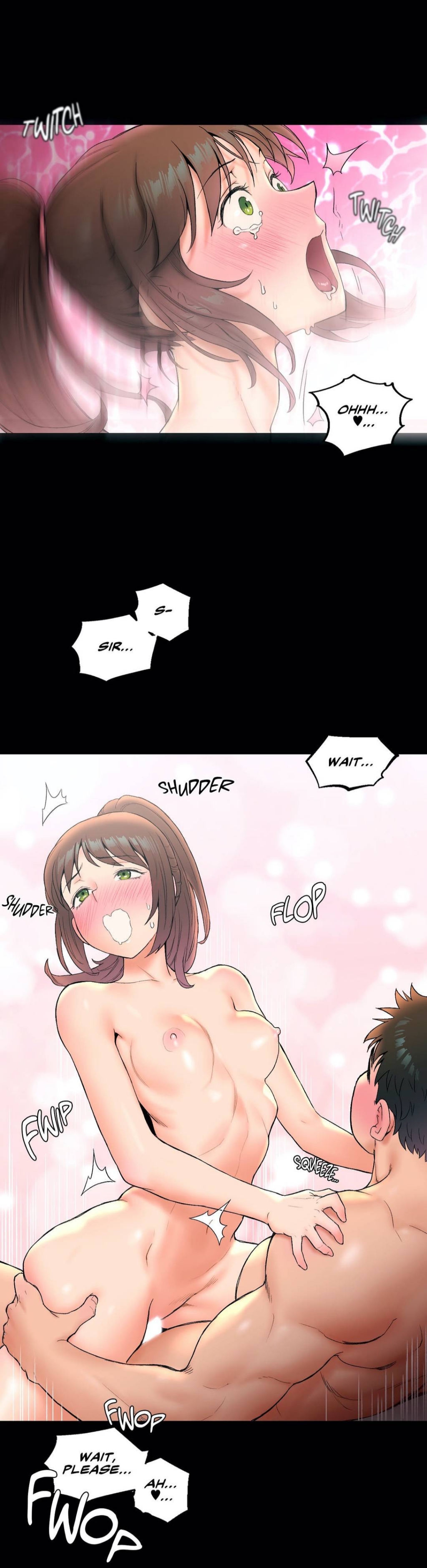 pornhwa, webtoon, absurdres, artist request, character request, colorized, highres, long image, official art, translated, 1girl, bare shoulders, black hair, blush, breasts, brown hair, censored, collarbone, cropped shoulders, cum, cum in pussy, drooling, ejaculating while penetrated, ejaculation, english text, fat, fat man, green eyes, hand on another's ass, hand on another's shoulder, in pain, long hair, lower teeth only, medium breasts, midriff, navel, nipples, nude, open mouth, orgasm, pain, penis, ponytail, rough sex, saliva, saliva trail, sex, short hair, speech bubble, stomach, tearing up, tears, teeth, tongue