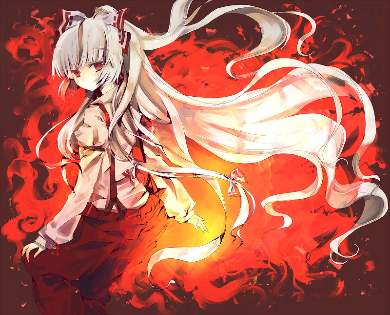 sakusakumonoka, fujiwara no mokou, touhou, 1girl, artistic error, female focus, fire, hair ribbon, long hair, pants, red eyes, ribbon, solo, suspenders, white hair