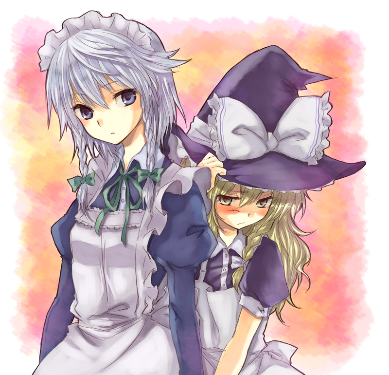 miya (tsumazukanai), izayoi sakuya, kirisame marisa, touhou, silver hair, bad id, bad pixiv id, 2girls, blonde hair, blue eyes, blush, female focus, hairband, hat, long hair, maid, multiple girls, ribbon, short hair, witch, yellow eyes