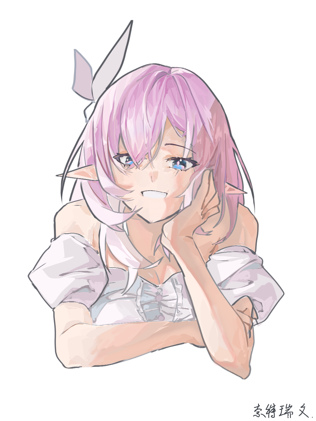 elysia (honkai impact), honkai (series), honkai impact 3rd, chinese commentary, commentary request, highres, 1girl, alternate costume, bare shoulders, bingxiang limian you wazi (nai te rui wen), blue eyes, breasts, cropped torso, dress, elf, hair ornament, large breasts, long hair, looking at viewer, pink hair, pointy ears, simple background, smile, solo, very long hair, white background, white dress