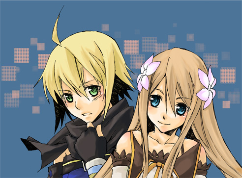 emil castagnier, marta lualdi, tales of (series), tales of symphonia, tales of symphonia: dawn of the new world, lowres, 00s, 1boy, 1girl, blonde hair, blue background, blue eyes, brown hair, couple, flower, gloves, green eyes, hetero, long hair, scarf, smile