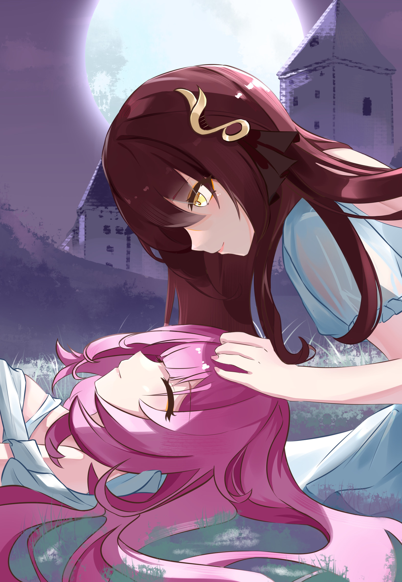 qianying, eden (honkai impact), elysia (honkai impact), honkai (series), honkai impact 3rd, chinese commentary, commentary request, highres, 2girls, breasts, brown hair, closed eyes, dress, full moon, large breasts, long hair, looking at another, lying, moon, multiple girls, night, night sky, on back, on grass, outdoors, pink hair, sky, very long hair, white dress, yellow eyes