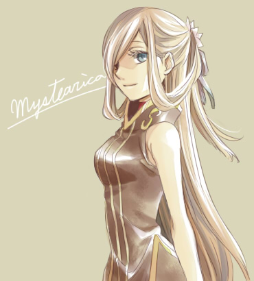 miho (mi), tear grants, tales of (series), tales of the abyss, lowres, 00s, 1girl, alternate hairstyle, bare shoulders, blue eyes, brown hair, character name, female focus, hair ornament, hair over one eye, half updo, long hair, sleeveless, smile, solo