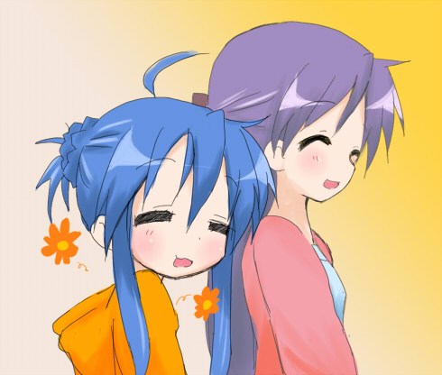 agenasu, hiiragi kagami, izumi konata, lucky star, lowres, 00s, 2girls, ahoge, alternate hairstyle, blue hair, blush, long hair, multiple girls, purple hair, smile