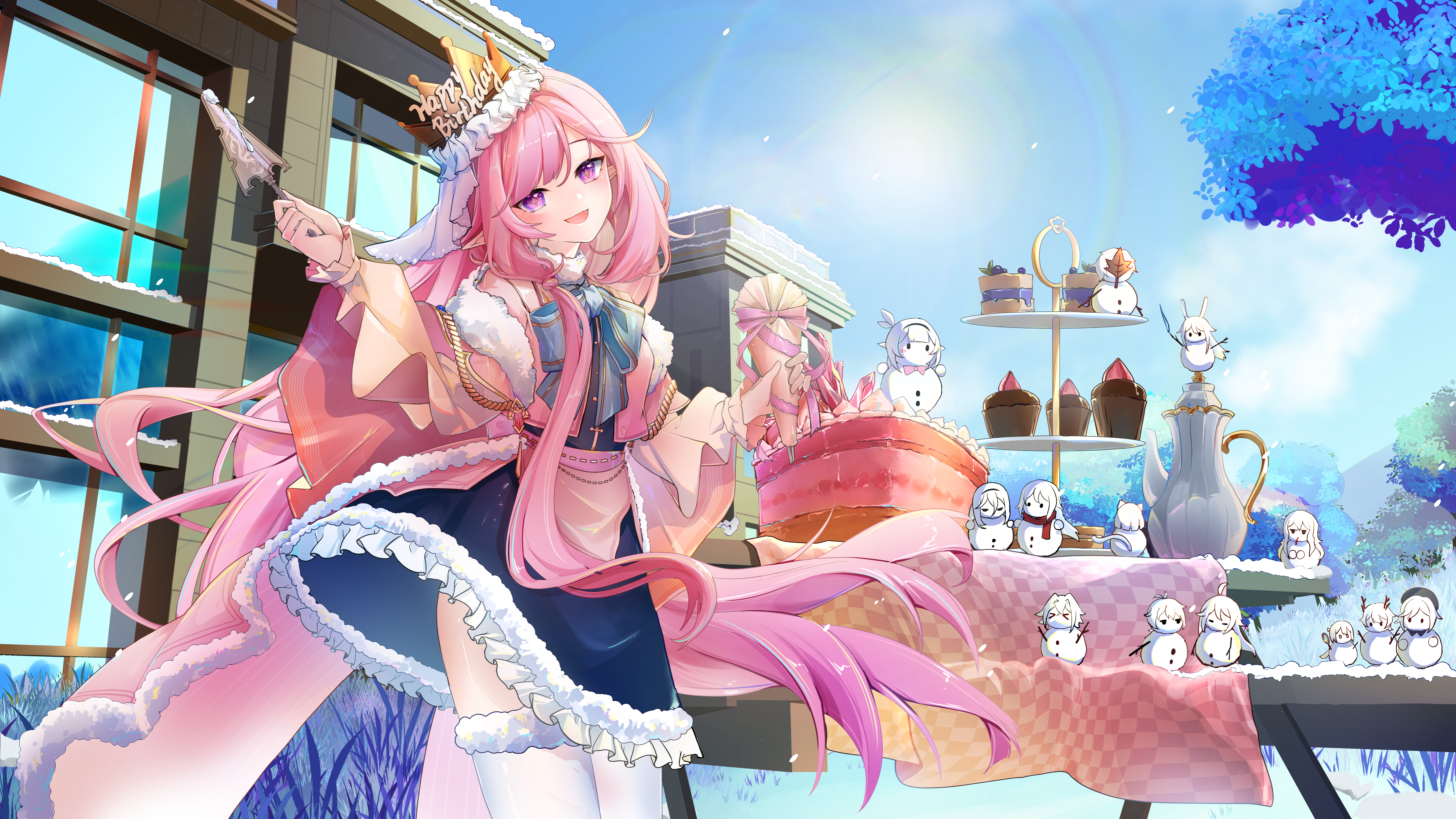 jingxinzhiyun, aponia, eden (honkai impact), elysia (herrscher of human: ego) (honkai impact), elysia (honkai impact), fu hua, griseo, kalpas (honkai impact), kevin kaslana, kosma, mobius (honkai impact), pardofelis, su (honkai impact), vill-v, yae sakura, yae sakura (goushinnso memento), honkai (series), honkai impact 3rd, character snowman, absurdres, highres, 1girl, birthday cake, blue dress, blue sky, cake, chocolate cake, crown, dress, food, long hair, looking at viewer, pink hair, purple eyes, sky, smile, snow, solo, teapot, thighhighs, tree, very long hair, white thighhighs