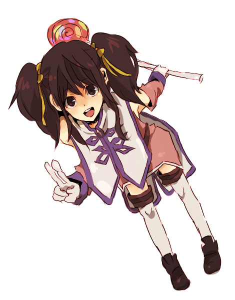 anise tatlin, tales of (series), tales of the abyss, 00s, black hair, brown eyes, candy, food, gloves, lollipop, ribbon, smile, solo, swirl lollipop, twintails