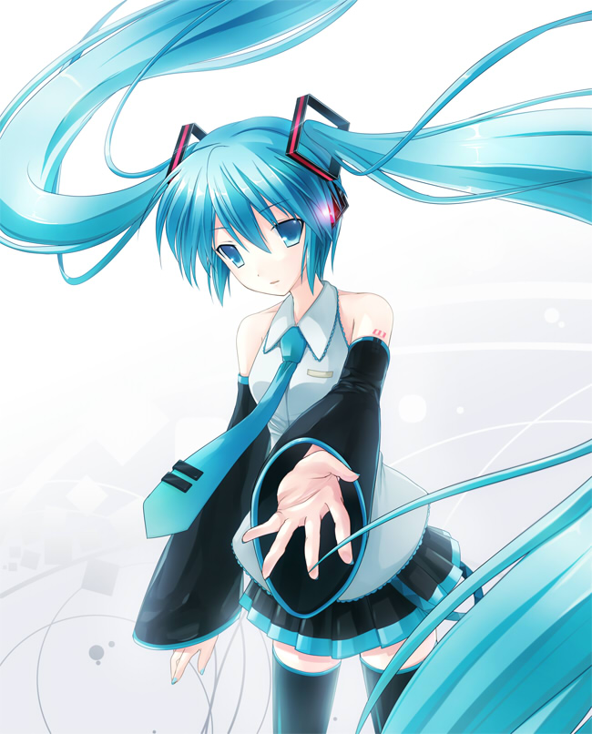6u (eternal land), kiyu, hatsune miku, vocaloid, 1girl, blue eyes, blue hair, detached sleeves, female focus, long hair, matching hair/eyes, necktie, skirt, solo, thighhighs, twintails, zettai ryouiki