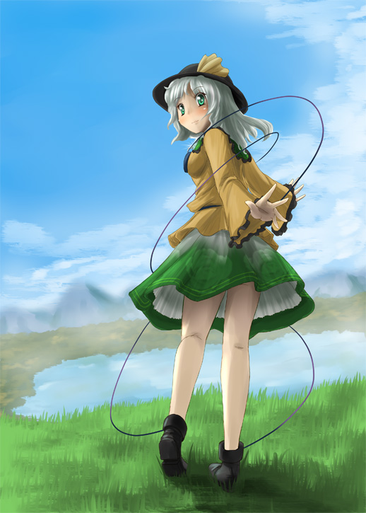 kou (haijindeath), komeiji koishi, touhou, 1girl, black hat, black shoes, breasts, cloud, day, female focus, floral print, frilled sleeves, frills, grass, green eyes, green skirt, grey hair, hat, lake, long sleeves, looking at viewer, mountain, nature, rose print, shirt, shoes, skirt, sky, small breasts, solo, yellow shirt