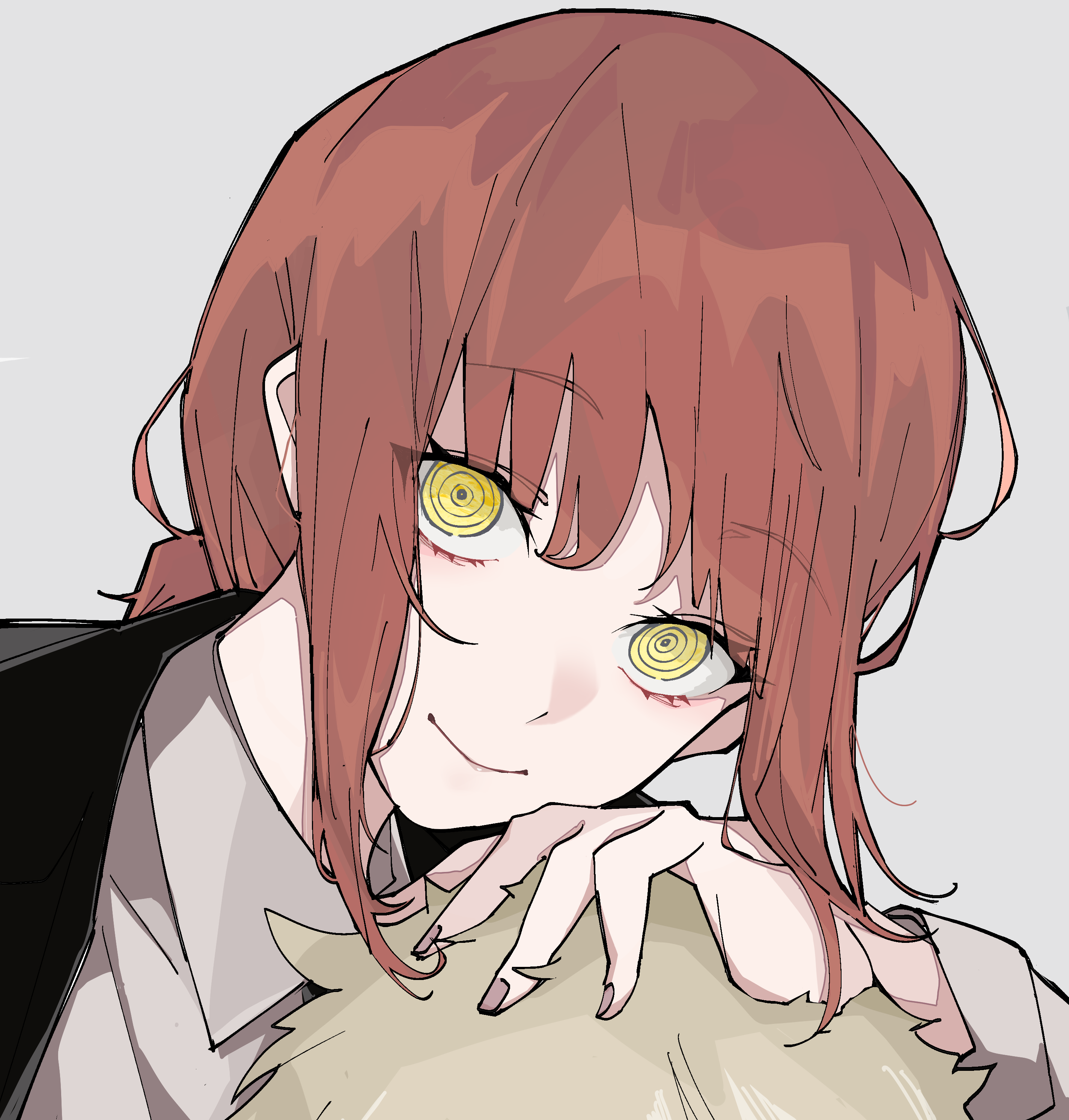 nyokki763, denji (chainsaw man), makima (chainsaw man), chainsaw man, absurdres, commentary request, highres, 1boy, 1girl, black coat, coat, dress shirt, fingernails, hand on another's head, looking at viewer, orange hair, out of frame, ringed eyes, shirt, sidelocks, simple background, smile, solo focus, white shirt, yellow eyes