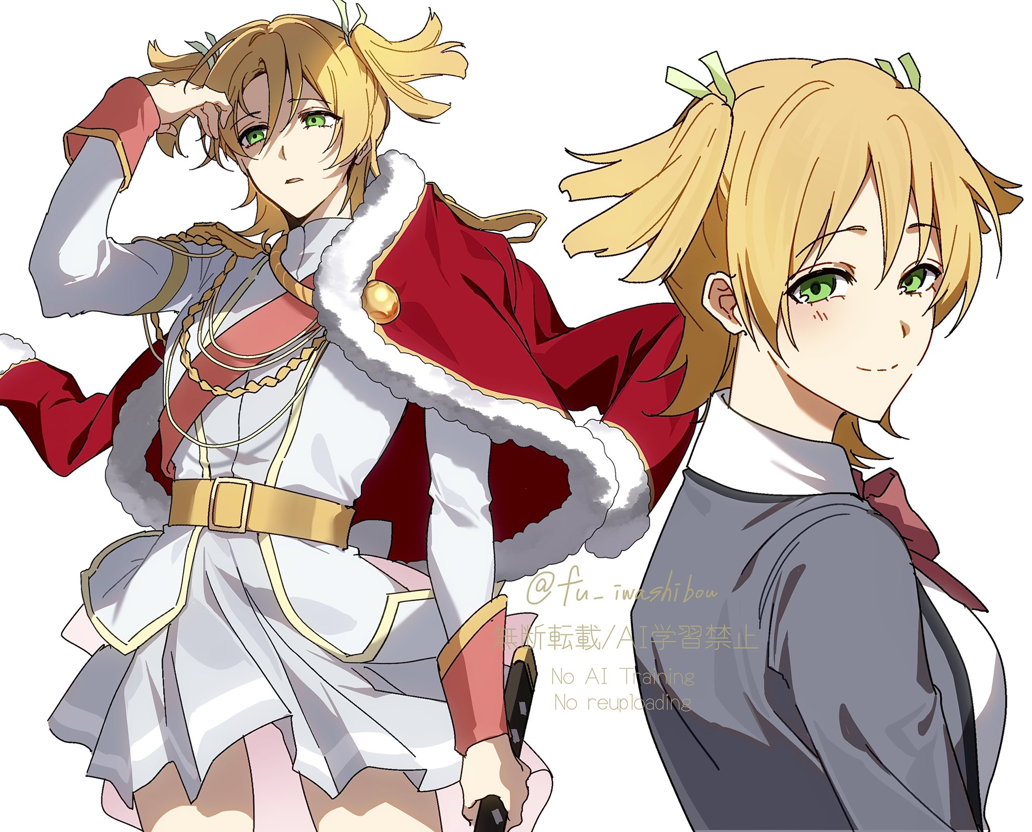 fu iwashibou, daiba nana, shoujo kageki revue starlight, commentary, highres, 1girl, aiguillette, arm at side, arm up, belt, belt buckle, blonde hair, blush, bow, bowtie, buckle, closed mouth, cowboy shot, epaulettes, fur-trimmed jacket, fur trim, green ribbon, grey jacket, grey skirt, hair between eyes, hair ribbon, holding, holding sword, holding weapon, jacket, jacket on shoulders, long sleeves, looking ahead, looking at viewer, looking to the side, miniskirt, multiple views, parted lips, red bow, red bowtie, red jacket, red sash, ribbon, sash, school uniform, seishou music academy uniform, shade, short hair, short twintails, shoulder sash, simple background, single stripe, skirt, smile, standing, striped clothes, striped skirt, sword, twintails, twitter username, upper body, watermark, weapon, white background, white jacket, yellow belt