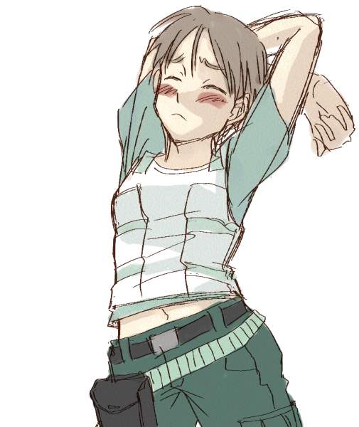 inu (aerodog), rebecca chambers, resident evil, resident evil 0, blush, brown hair, cowboy shot, midriff peek, short hair, stretching