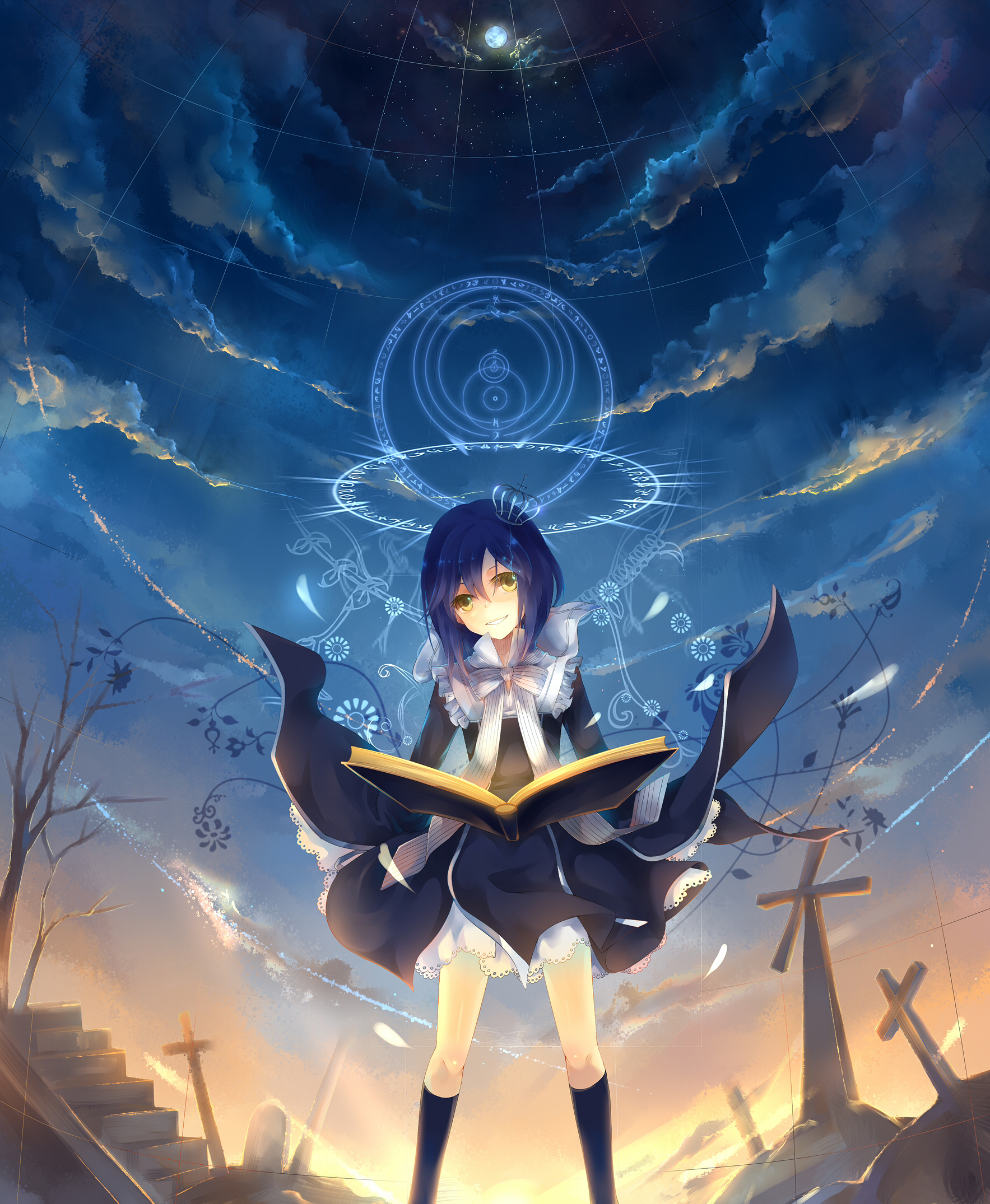 dhiea, dhiea seville (pause), original, pause (dhiea), highres, 1girl, blue hair, book, cloud, cross, crown, female focus, gothic lolita, grave, lolita fashion, magic, magic circle, moon, scenery, short hair, sky, smile, solo, star (sky), star (symbol), starry sky, sunrise, sunset, yellow eyes