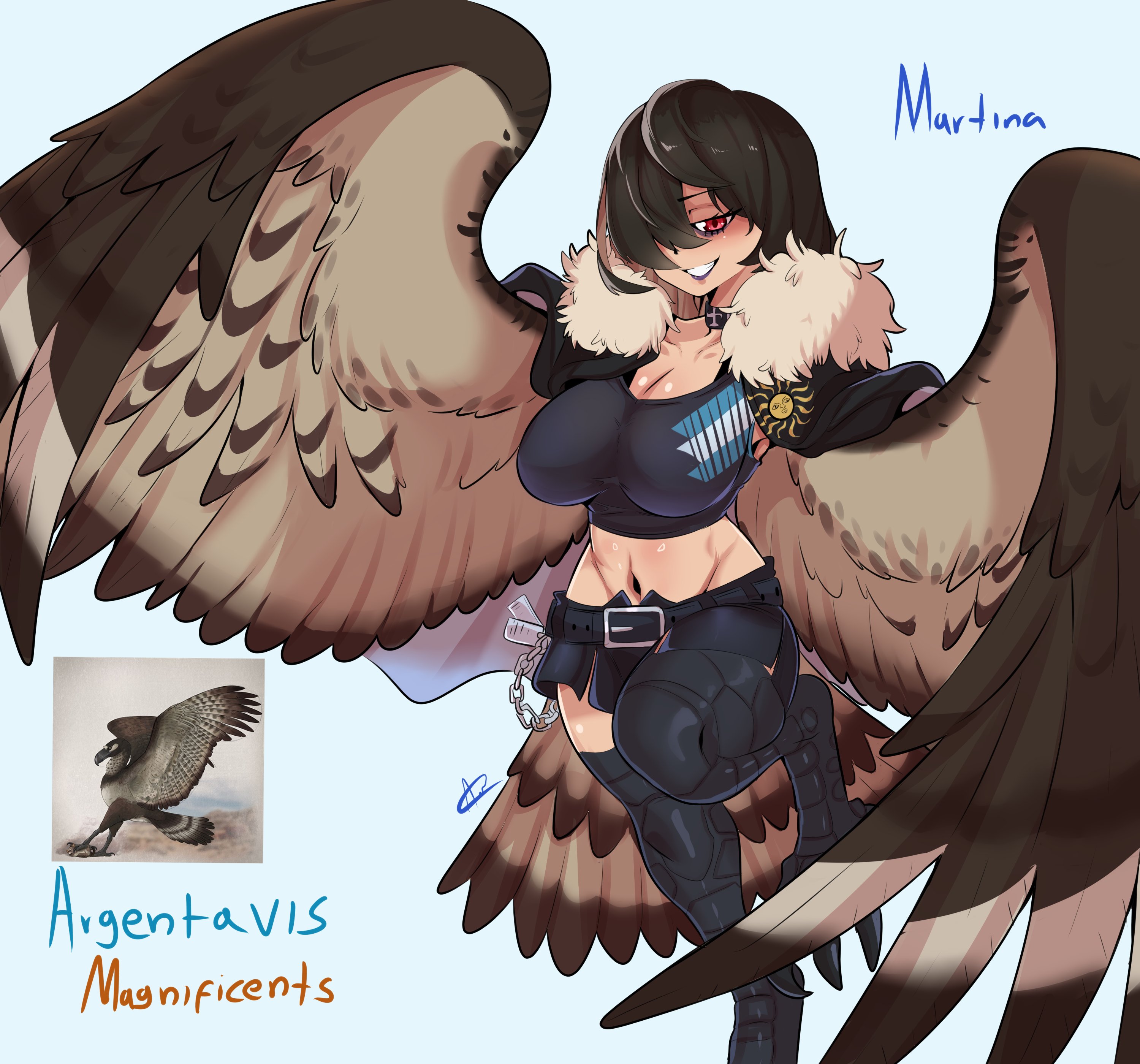 a.c. hunter, original, absurdres, commentary, english commentary, highres, 1girl, belt, belt buckle, bird legs, bird tail, black hair, black shirt, black shorts, breasts, brown feathers, brown wings, buckle, character name, cleavage, creature and personification, crop top, feathered wings, feathers, fur trim, hair over one eye, harpy, large breasts, long hair, looking at viewer, midriff, monster girl, navel, personification, red eyes, shirt, shorts, simple background, solo, standing, standing on one leg, tail, wallet chain, winged arms, wings