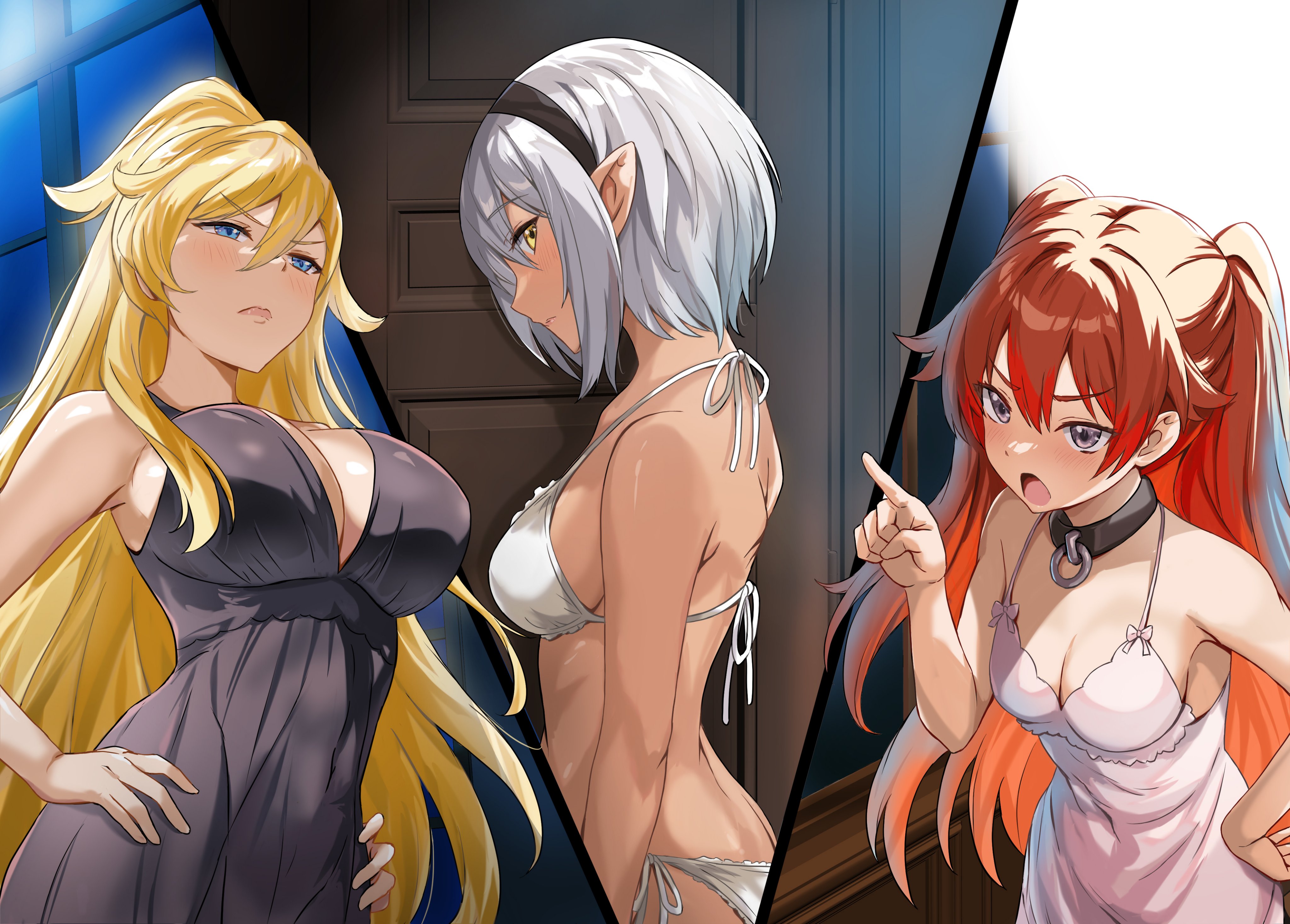 mutsumi masato, kuro no senki, absurdres, commentary request, highres, novel illustration, official art, second-party source, 3girls, bare shoulders, black collar, black hairband, black nightgown, blonde hair, blue eyes, bra, breasts, cleavage, collar, elena grafias, grey hair, hair between eyes, hairband, hand on own hip, hands on own hips, index finger raised, indoors, layla (kuro no senki), lingerie, long hair, multiple girls, night, nightgown, o-ring collar, open mouth, panties, pink nightgown, pointy ears, purple eyes, red hair, side-tie panties, spaghetti strap, tillia (kuro no senki), two side up, underwear, white bra, white panties, window, yellow eyes