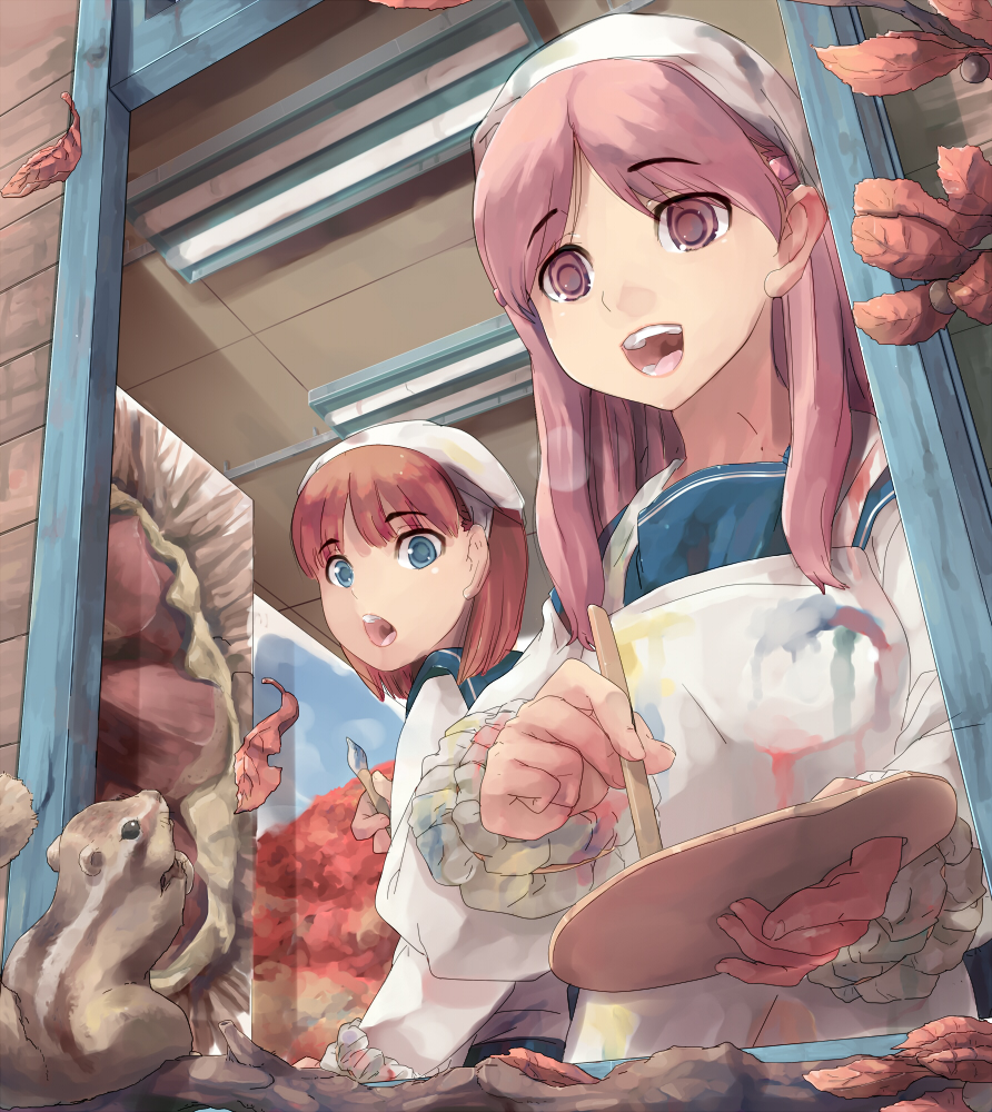 knucklecurve, original, 2girls, animal, art brush, autumn, blue eyes, brown eyes, brown hair, holding, holding paint palette, leaf, long hair, multiple girls, paint palette, paintbrush, painting (action), school uniform, serafuku, slice of life, squirrel, teeth, window