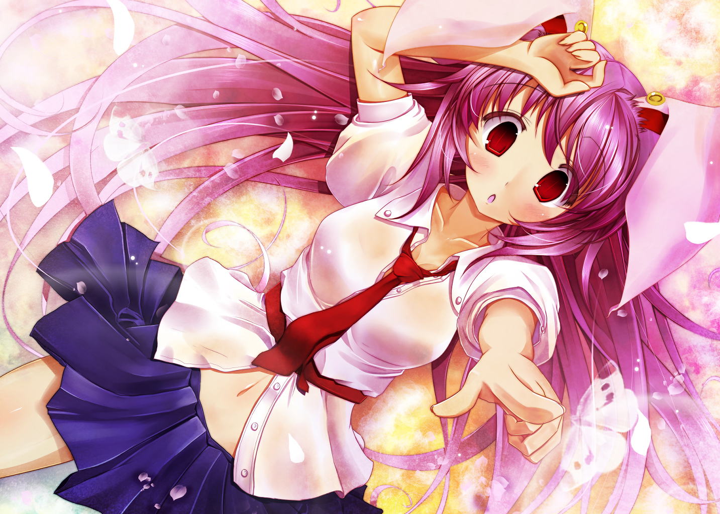 scarlet (studioscr), reisen udongein inaba, touhou, bad id, bad pixiv id, 1girl, animal ears, blush, female focus, long hair, lying, navel, necktie, open mouth, petals, purple hair, rabbit ears, red eyes, red necktie, solo, transparent, very long hair