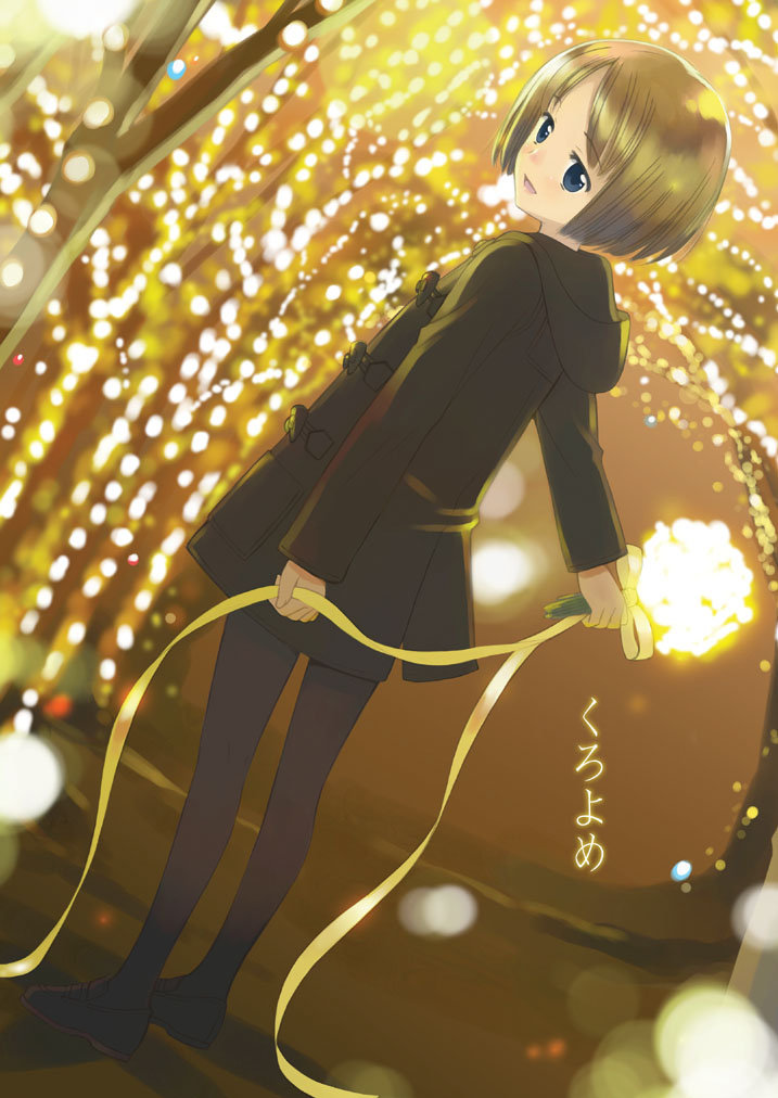 kazuto izumi, original, lights, blue eyes, brown hair, legs, pantyhose, ribbon, short hair, solo