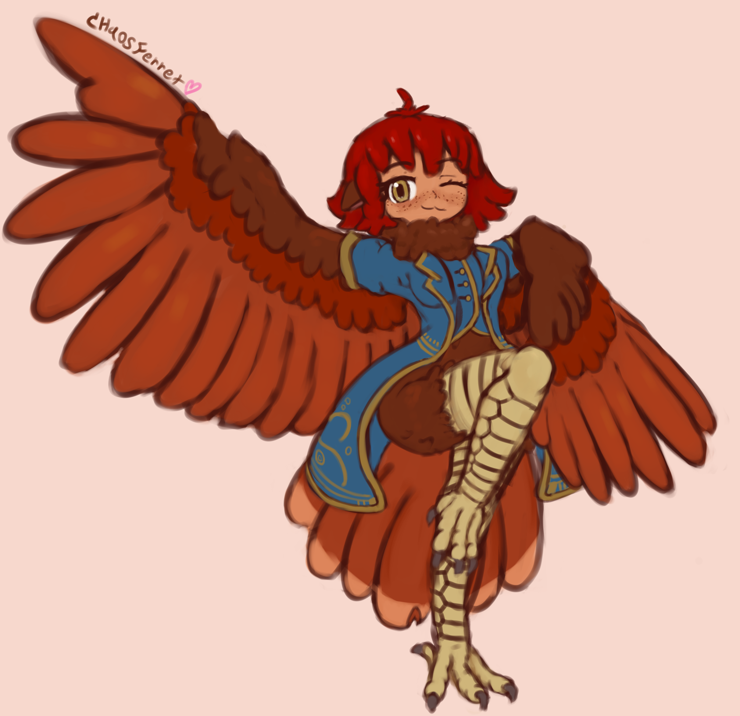 chaosferret, original, highres, 1girl, ;3, ahoge, animal ears, artist name, bird ears, bird legs, bird tail, blue coat, borrowed character, brown background, brown eyes, brown feathers, coat, dark-skinned female, dark skin, feathered wings, feathers, freckles, harpy, monster girl, one eye closed, red hair, short hair, simple background, solo, standing, standing on one leg, tail, talons, winged arms, wings