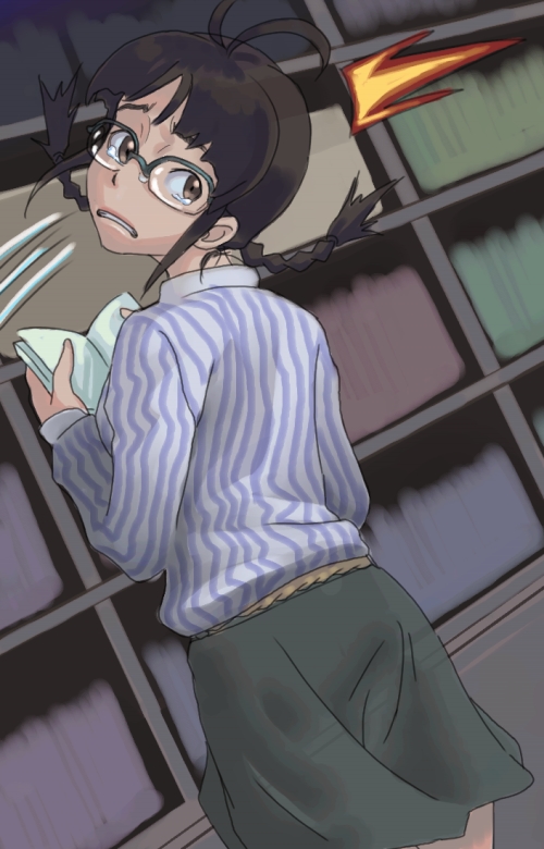 inu (aerodog), akizuki ritsuko, idolmaster, idolmaster (classic), idolmaster 1, 00s, ahoge, book, braid, brown eyes, brown hair, glasses, library, solo, surprised, tears, twin braids