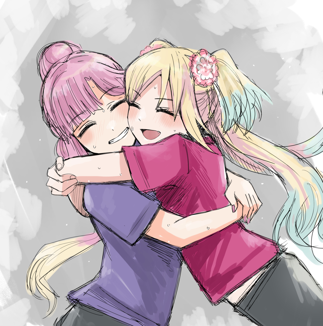 coco apollon, anyoji hime, osawa rurino, link! like! love live!, love live!, commentary request, 2girls, 5th live tour ~4pair power spread!!!!~, :d, black pants, blonde hair, blue hair, fang, flower, gradient hair, grin, hair flower, hair ornament, hug, long hair, mira-cra park!, multi-tied hair, multicolored hair, multiple girls, mutual hug, open mouth, pants, parted bangs, pink flower, pink hair, pink shirt, ponytail, purple shirt, shirt, smile, sweat, twintails, virtual youtuber
