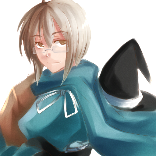 manose, morichika rinnosuke, curiosities of lotus asia, touhou, silver hair, 1boy, glasses, hat, male focus, ribbon, smile, solo, white background, yellow eyes