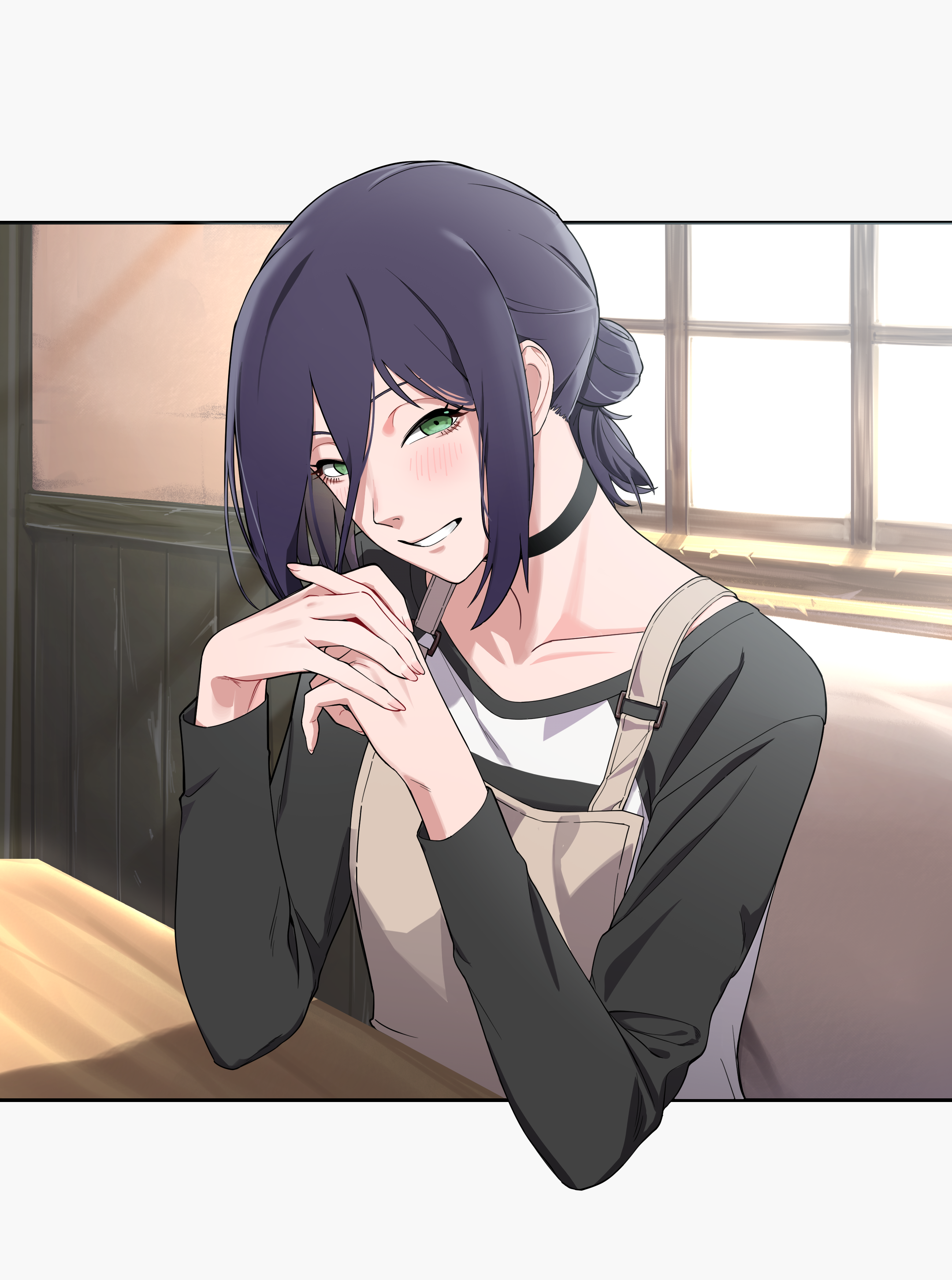 snowater, reze (chainsaw man), chainsaw man, absurdres, commentary, highres, apron, backlighting, black choker, brown apron, choker, collarbone, green eyes, grin, hair between eyes, indoors, long hair between eyes, long sleeves, looking at viewer, own hands together, purple hair, raglan sleeves, sitting, smile, sunlight, two-tone shirt