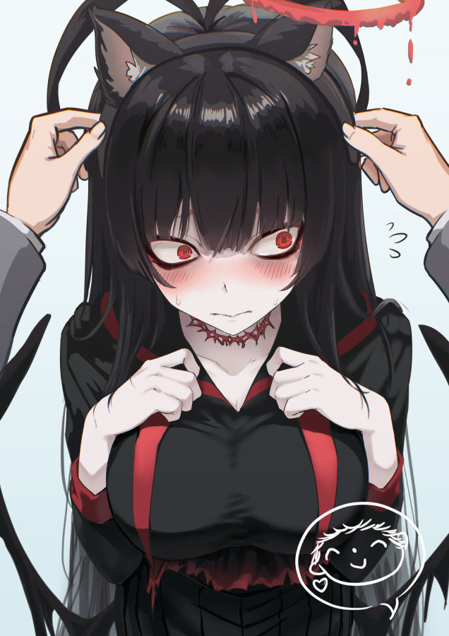miyabinp, doodle sensei (blue archive), sensei (blue archive), tsurugi (blue archive), blue archive, commentary request, 1boy, 1girl, animal ear hairband, animal ears, antenna hair, averting eyes, bags under eyes, black hair, black serafuku, black wings, blush, breasts, cat ear hairband, cat ears, cleavage, collarbone, fake animal ears, flying sweatdrops, hairband, halo, large breasts, long hair, melting halo, neckerchief, no dickey, pale skin, pleated skirt, pov, pov hands, red eyes, red halo, school uniform, serafuku, simple background, skirt, spoken expression, straight hair, undone neckerchief, very long hair, white background, wings