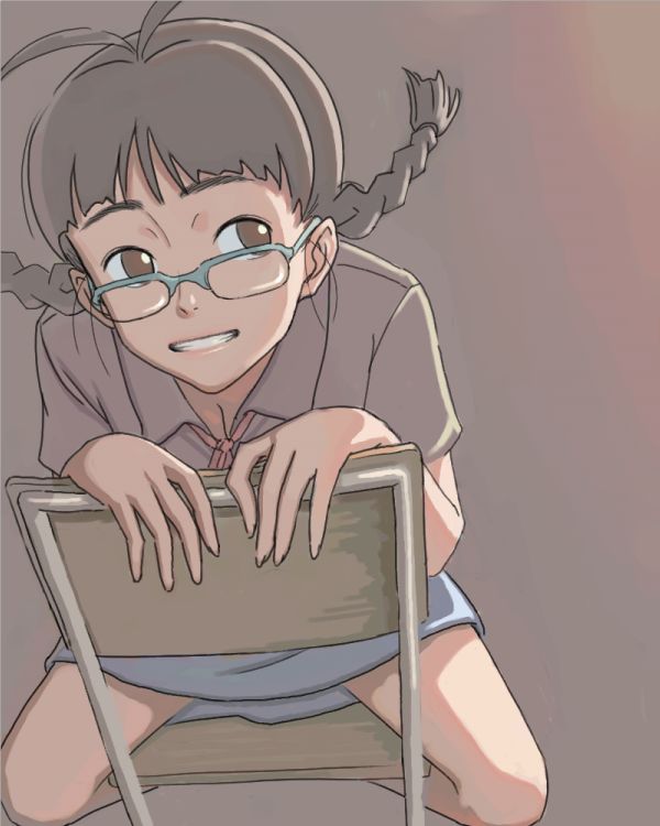 inu (aerodog), akizuki ritsuko, idolmaster, idolmaster (classic), idolmaster 1, 00s, antenna hair, braid, brown background, brown eyes, brown hair, brown theme, chair, collared shirt, glasses, miniskirt, shirt, simple background, sitting, skirt, twin braids