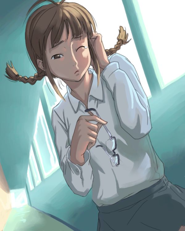 inu (aerodog), akizuki ritsuko, idolmaster, idolmaster (classic), idolmaster 1, 00s, 1girl, braid, brown eyes, brown hair, female focus, glasses, indoors, short hair, solo, tears, twin braids