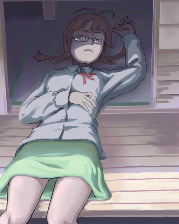 inu (aerodog), akizuki ritsuko, idolmaster, idolmaster (classic), idolmaster 1, 00s, 1girl, antenna hair, braid, brown hair, female focus, glasses, lying, skirt, solo, twin braids