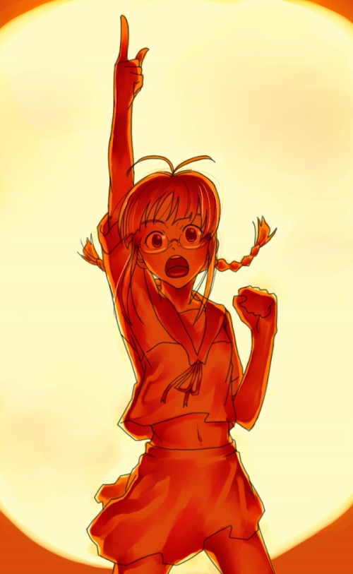 inu (aerodog), akizuki ritsuko, idolmaster, idolmaster (classic), idolmaster 1, 00s, 1girl, braid, female focus, food, fruit, gradient background, kamina pose, monochrome, orange (fruit), pointing, pointing up, short hair, skirt, solo, sun, sunset, twin braids