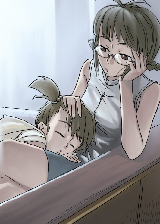 inu (aerodog), akizuki ritsuko, futami ami, idolmaster, idolmaster (classic), idolmaster 1, tired, 00s, brown hair, couch, glasses, headpat, short hair, sleeping, sleeveless