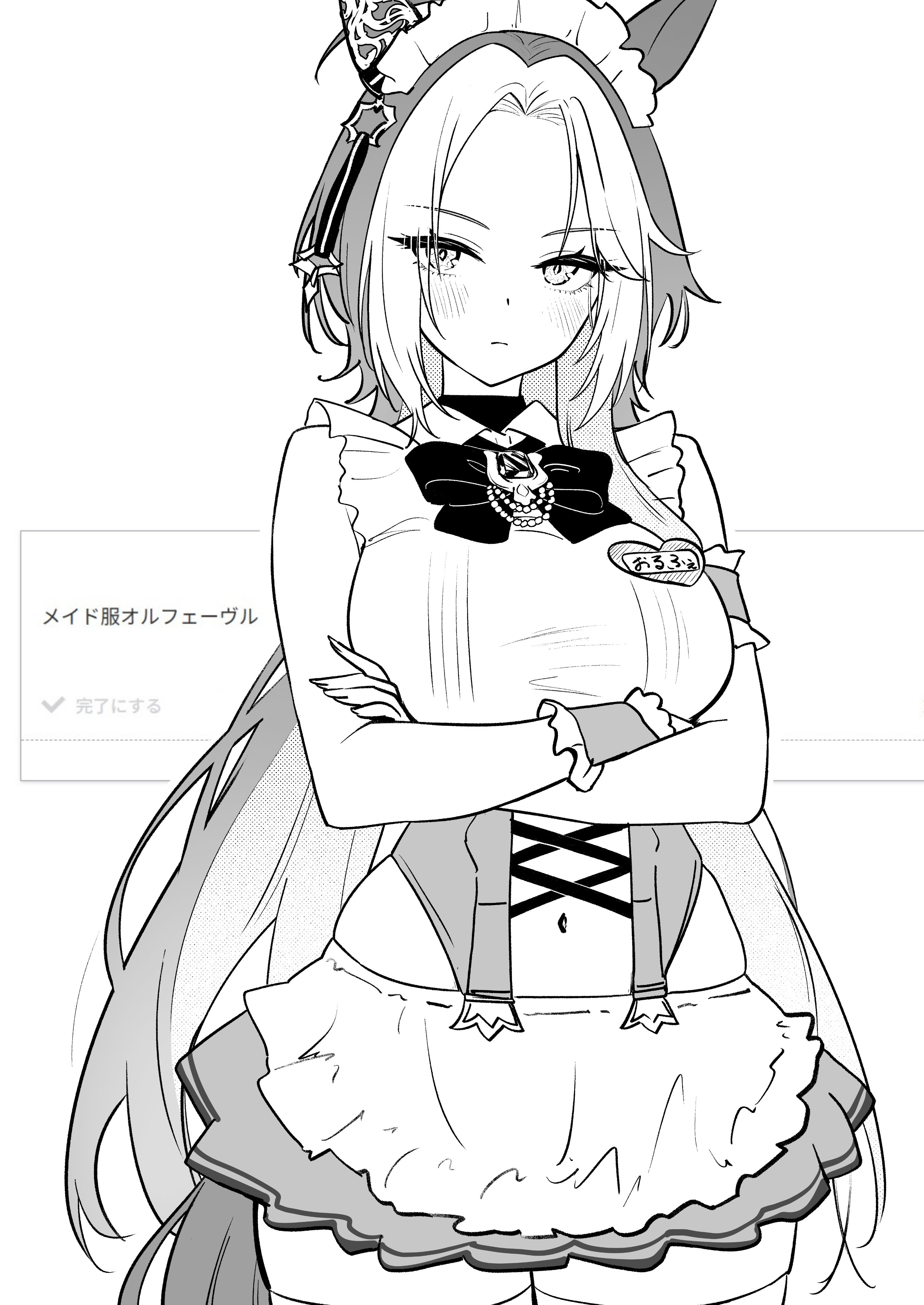 herohero (higashi no dou), orfevre (umamusume), umamusume, absurdres, highres, translation request, 1girl, animal ears, breasts, crossed arms, ear covers, greyscale, horse ears, horse girl, horse tail, large breasts, long hair, monochrome, navel, simple background, single ear cover, solo, tail, white background