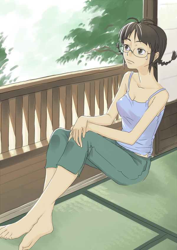 inu (aerodog), akizuki ritsuko, idolmaster, idolmaster (classic), idolmaster 1, 00s, 1girl, barefoot, braid, brown eyes, brown hair, camisole, capri pants, feet, female focus, glasses, pants, short hair, sitting, solo, sweatdrop, tatami, twin braids