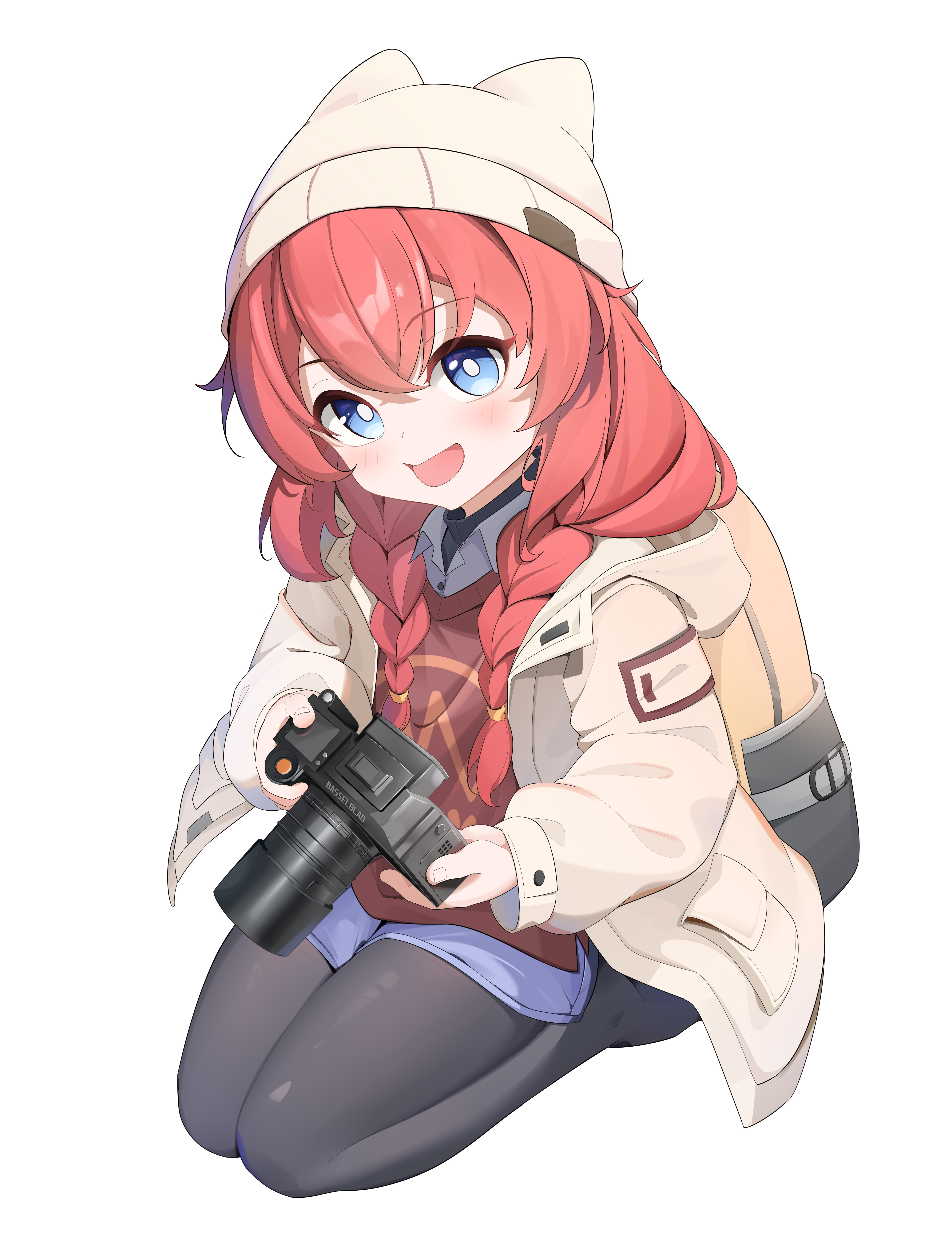 maki (blue archive), maki (camp) (blue archive), blue archive, absurdres, chinese commentary, commentary, highres, making-of available, painttool sai (medium), 1girl, :d, animal ear headwear, backpack, bag, beanie, black pantyhose, black sweater, blue eyes, blue shorts, blush, braid, bright pupils, brown hat, brown jacket, camera, collared shirt, fake animal ears, full body, hair between eyes, hair over shoulder, hat, holding, holding camera, hood, hood down, hooded jacket, jacket, legs together, long hair, long sleeves, looking at viewer, no halo, no shoes, official alternate costume, official alternate hairstyle, open clothes, open jacket, open mouth, pantyhose, pocket, red hair, red sweater vest, seiza, shirt, short shorts, shorts, sidelocks, simple background, sitting, smile, solo, sweater, sweater vest, thighs, twin braids, white background, white pupils, white shirt, yizhi qingwa gua