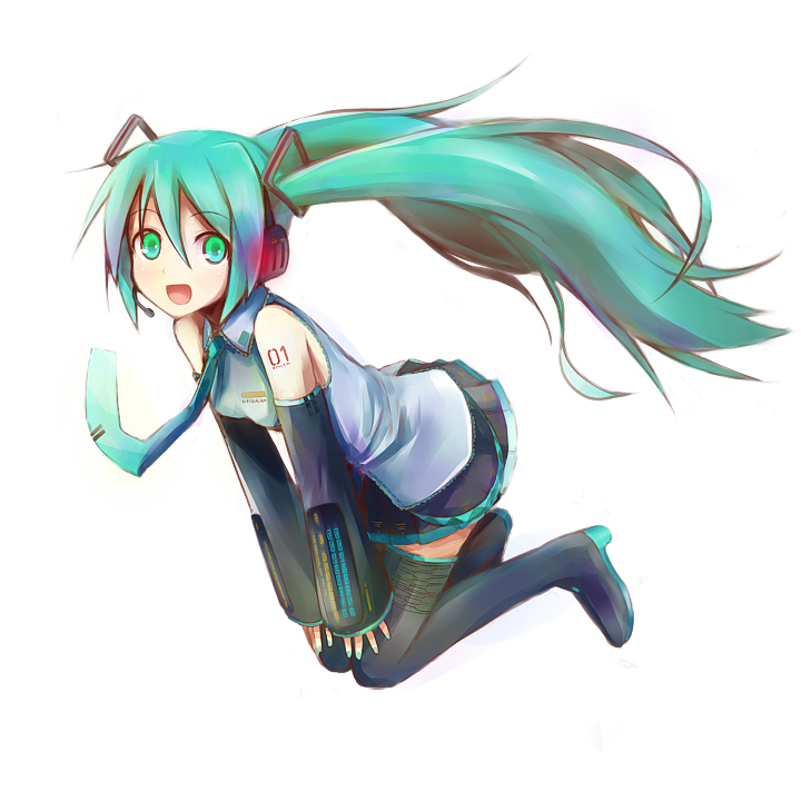 nnyu, hatsune miku, vocaloid, bad id, bad pixiv id, black thighhighs, blue hair, detached sleeves, green eyes, laughing, long hair, miniskirt, necktie, pleated skirt, simple background, skirt, solo, thighhighs, twintails, very long hair, zettai ryouiki