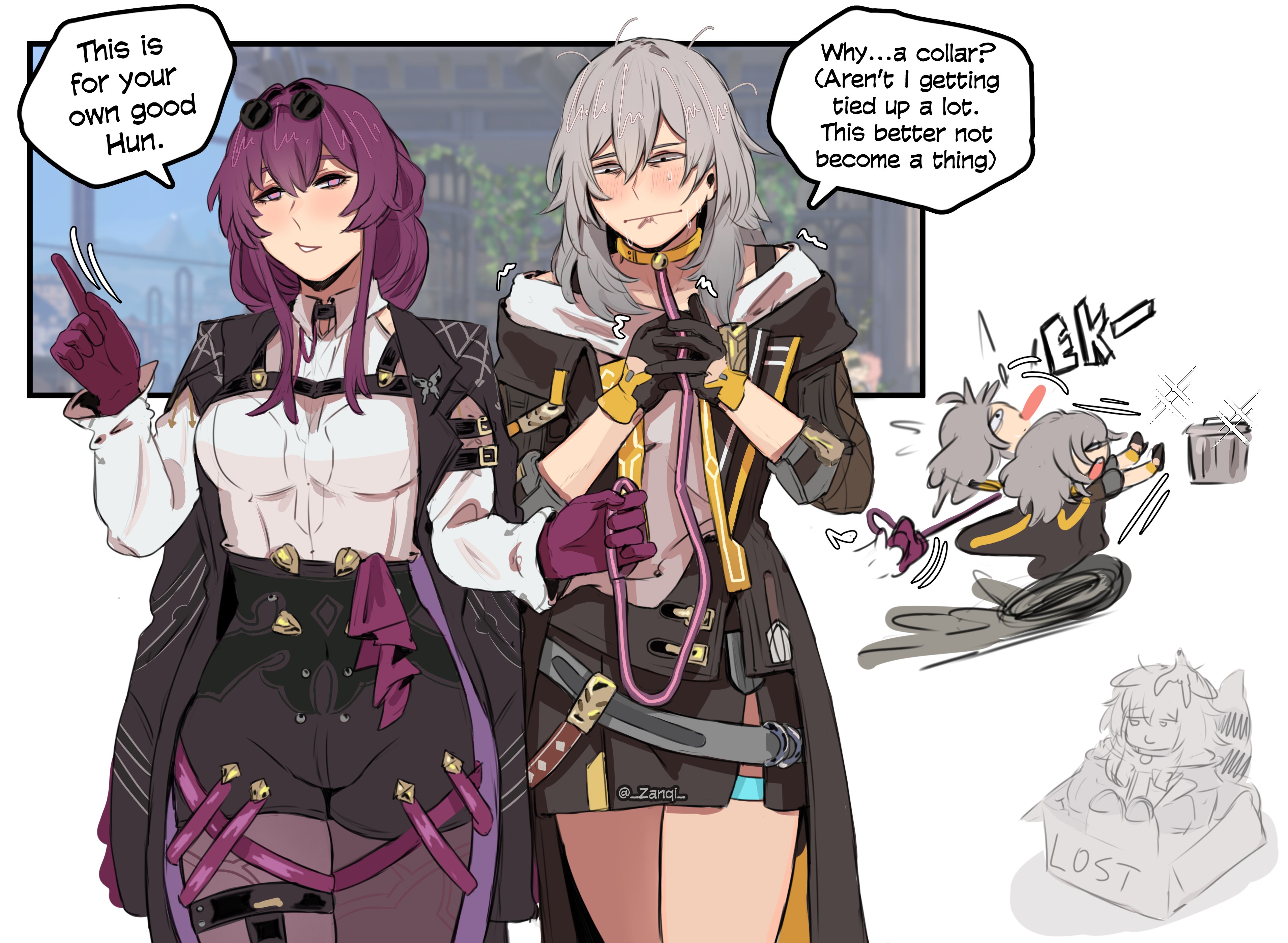 zanqi, kafka (honkai: star rail), stelle (honkai: star rail), trailblazer (honkai: star rail), honkai: star rail, honkai (series), absurdres, commentary, english commentary, highres, 2girls, belt, breasts, buckle, collar, cowboy shot, english text, gloves, grey hair, hair between eyes, jacket, leash, long hair, multiple girls, off shoulder, purple eyes, purple hair, shirt, skirt, speech bubble, sunglasses, thigh strap, thighs, trash can, twitter username, yuri