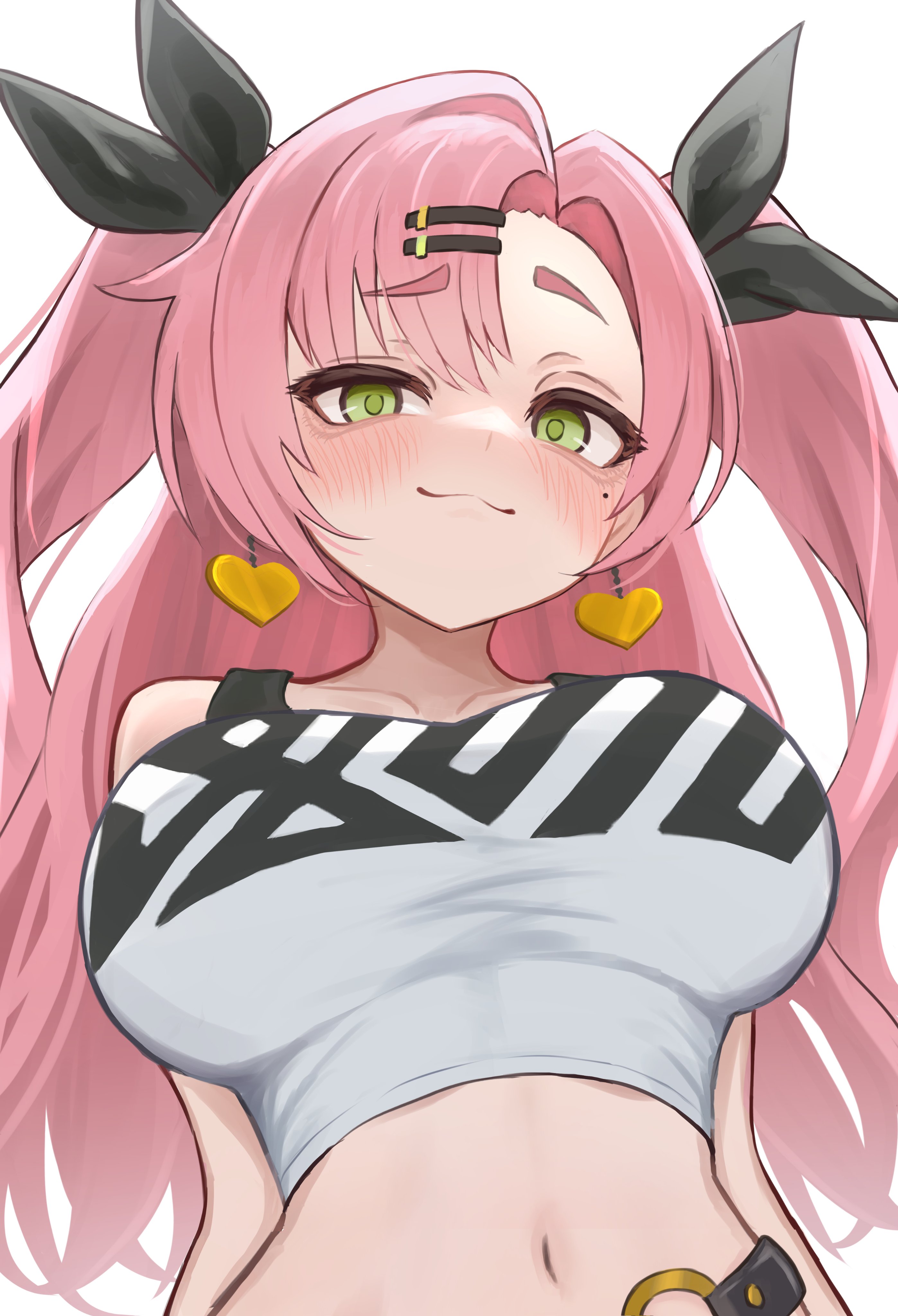 lucien 000298, nicole demara, zenless zone zero, absurdres, highres, 1girl, :3, asymmetrical bangs, black ribbon, blush, breasts, collarbone, crop top, earrings, green eyes, heart, heart earrings, jewelry, large breasts, long hair, looking at viewer, midriff, mole, mole under eye, navel, pink hair, ribbon, simple background, solo, stomach, upper body, white background