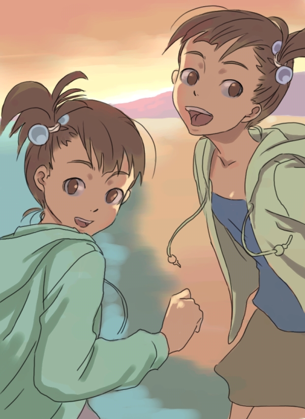 inu (aerodog), futami ami, futami mami, idolmaster, idolmaster (classic), idolmaster 1, 00s, 2girls, beach, brown eyes, brown hair, multiple girls, short hair, siblings, sisters, twins